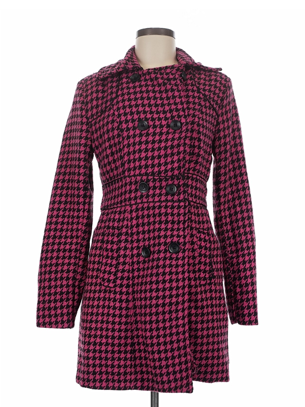 Women'spea coat by voice y2k  Pink Houndstooth Double-Breasted Pea Coat